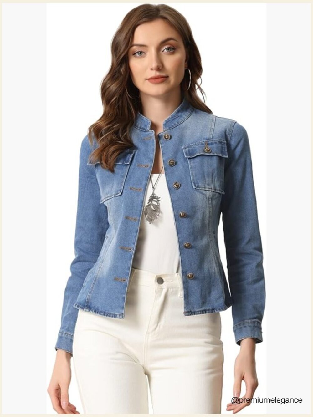 Vintage Denim Jacket Stand Collar Long Sleeve Button Jean Jacket Classic Washed
